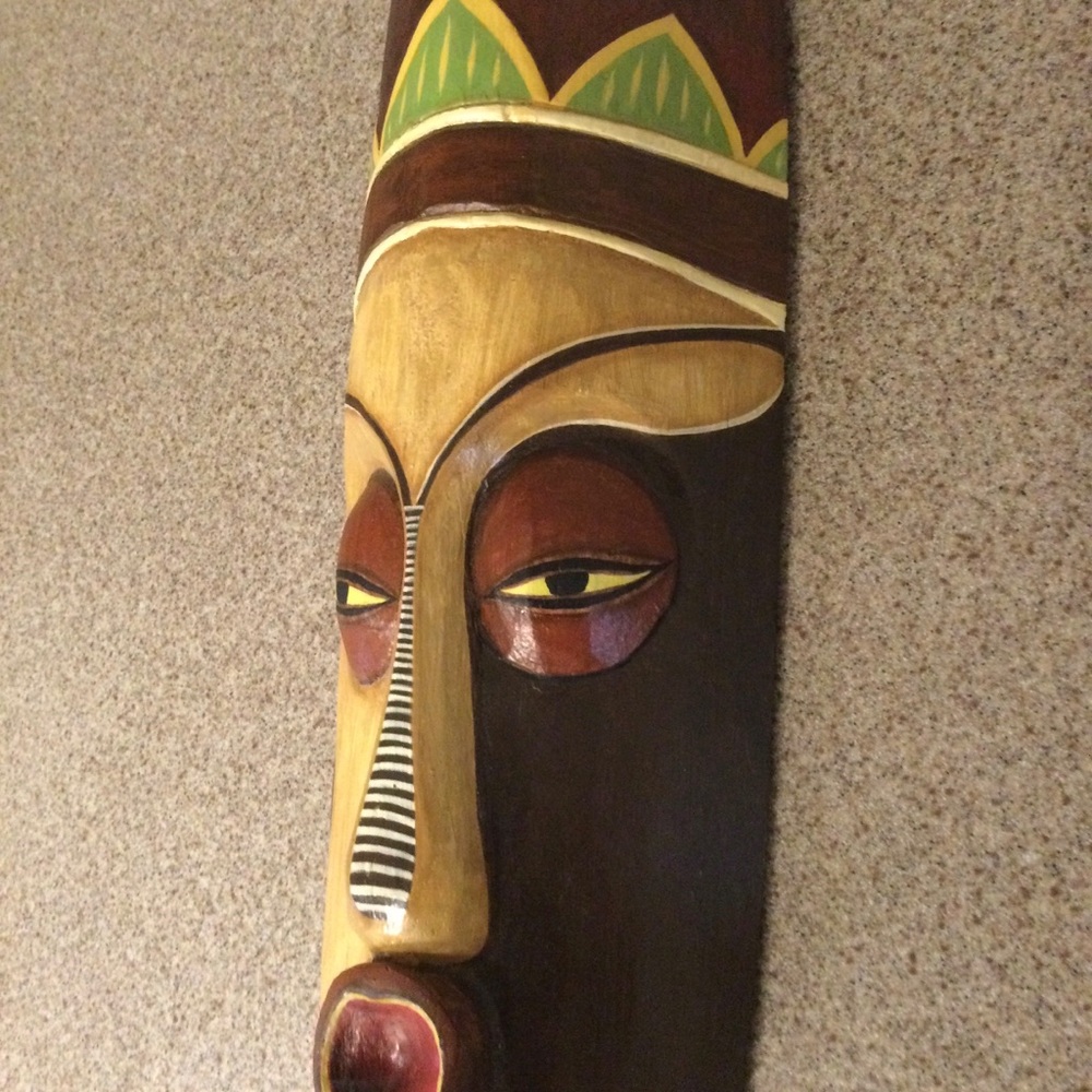 Hand-Painted Wood Tribal Mask Wall Art – Brown, Gold, Green